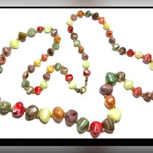 Vintage Jewelry Necklace Rock Like Beads Multi Color Graduated Gold Tn Milky 30"